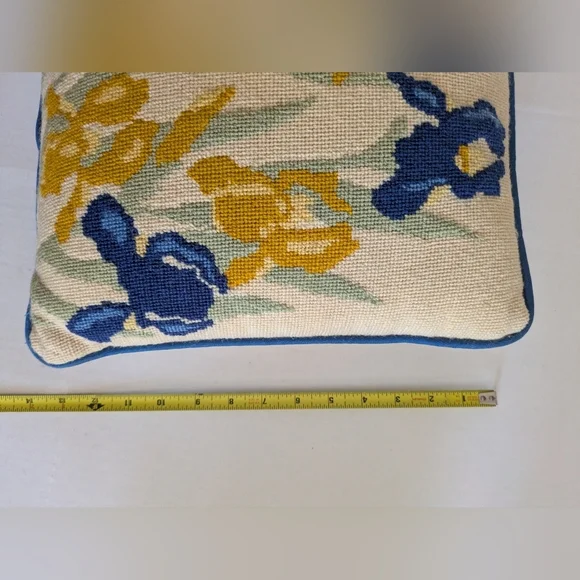 Vintage Needlepoint Floral Pillow. Yellow And Purple Iris. - Picture 6 of 6